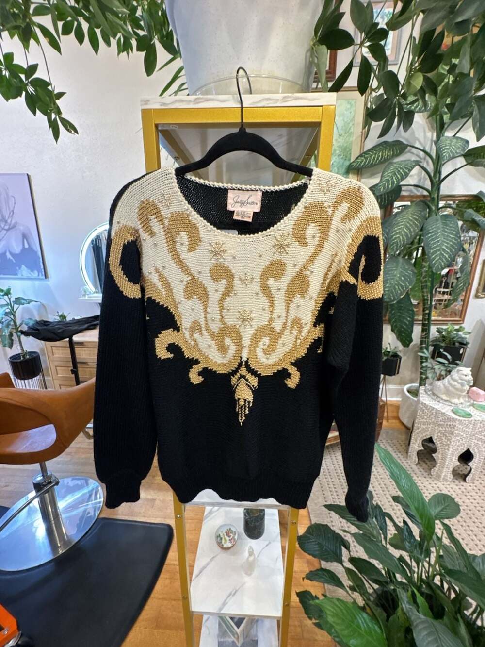 Size M Sweater Black Gold Beaded 80s Vintage Pullover cozy fall winter